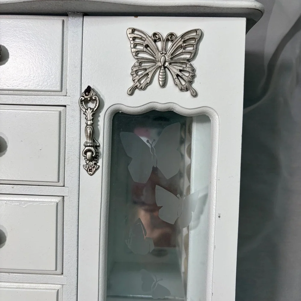 Vintage 2000s White Wooden Butterfly Jewelry Armoire Tabletop Organizer's Mirror